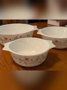 Vintage Pyrex Floral Casserole Bowls - White with Orange Flower Pattern. Set